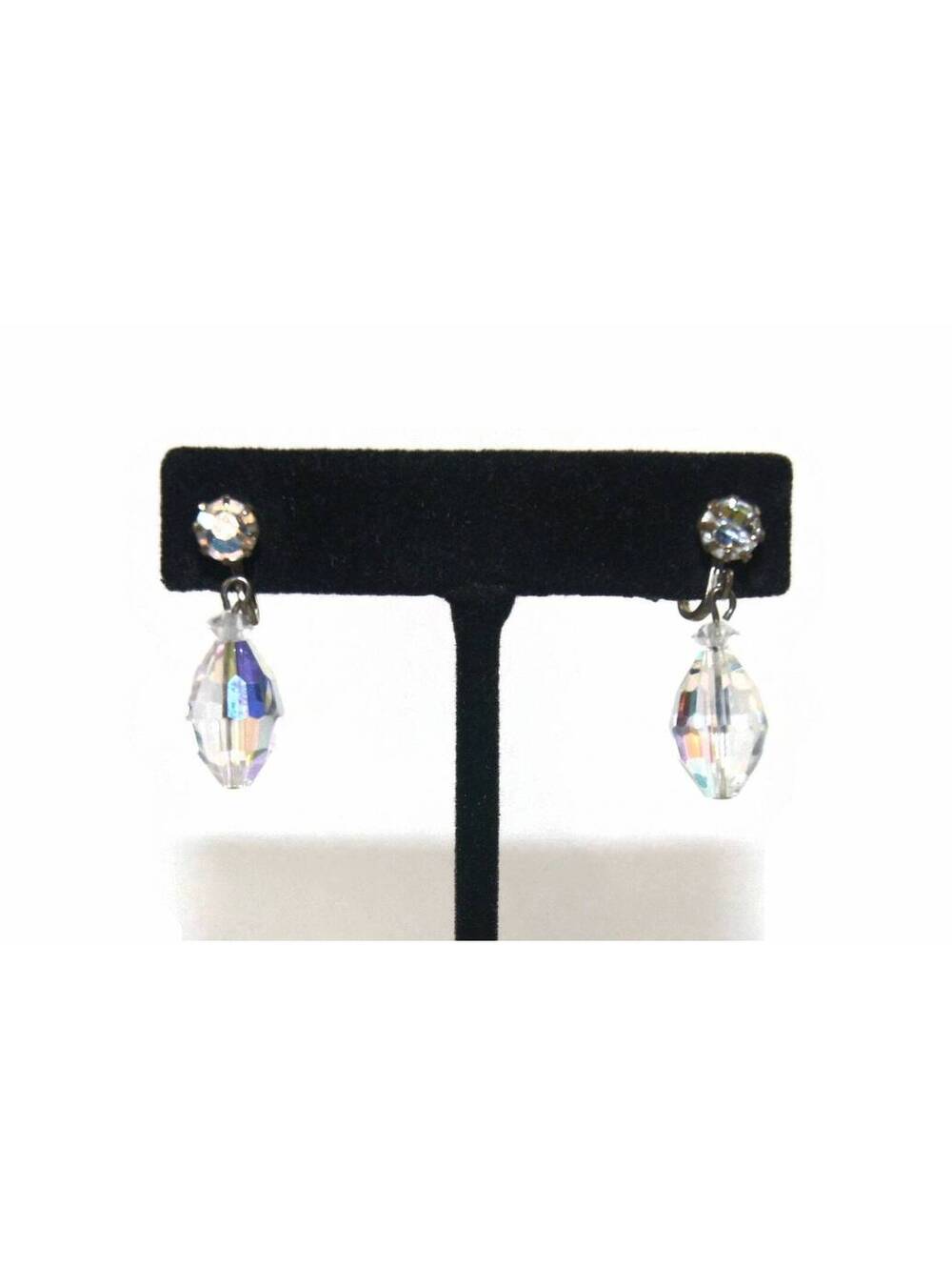 Formal Vintage Silver Tone and AB Crystals Dangle Screw Back Earrings.